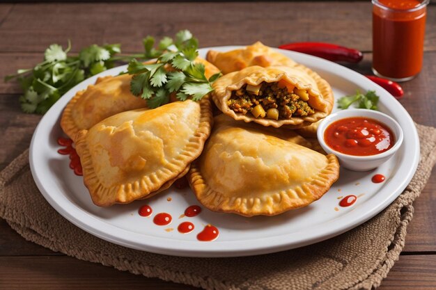 Empanadas fritas de comida colombiana com molho picante