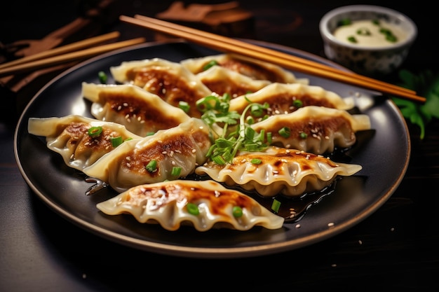 Empanadillas gyoza japonesas servidas con salsa de soja