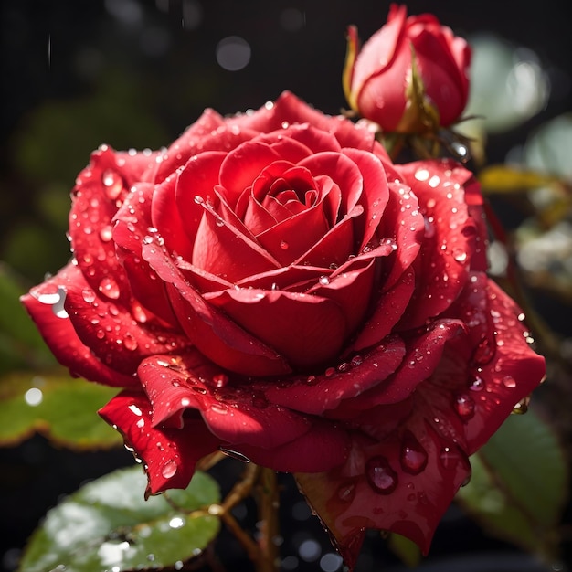 Empapado de belleza Una rosa roja con gotas de agua