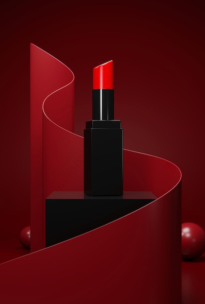 Empaquetado de lápiz labial femenino de lujo en un pedestal con modernas formas abstractas rojas render 3d