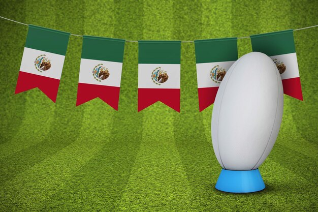 Empavesado de la bandera de México con una pelota de rugby y un tono 3D Rendering