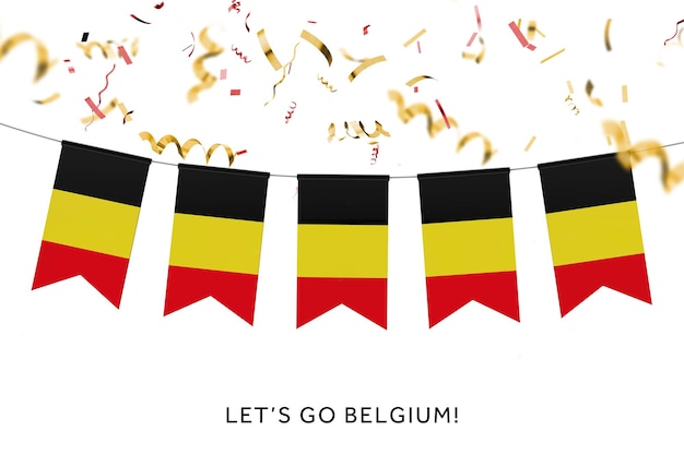 Empavesado festivo de la bandera nacional de Bélgica con confeti 3D Rendering