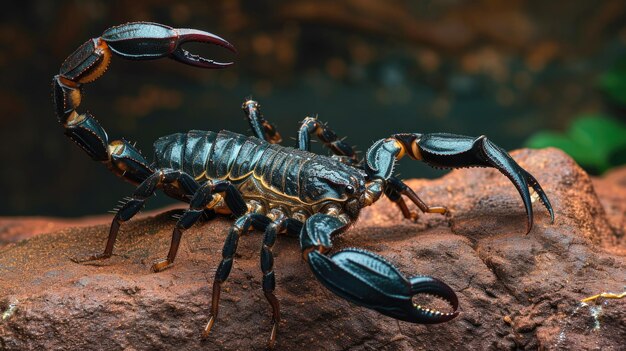 Foto el emperador escorpión está listo en la roca con garras y aguijón