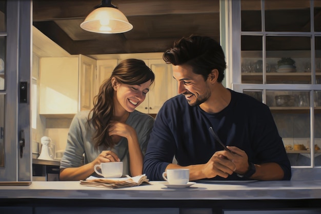 Empezar el día con alegría El desayuno de una pareja feliz en el banco de la cocina