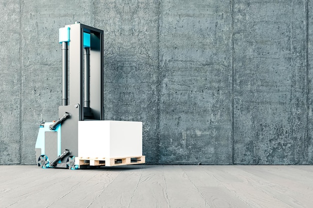 Empilhadeira AGV transportando em uma parede de concreto e piso, renderização 3D