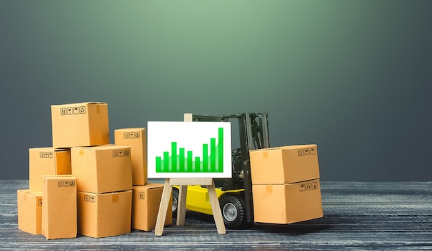 Foto empilhadeira perto de caixas e cavalete com gráfico de crescimento de tendência positiva verde