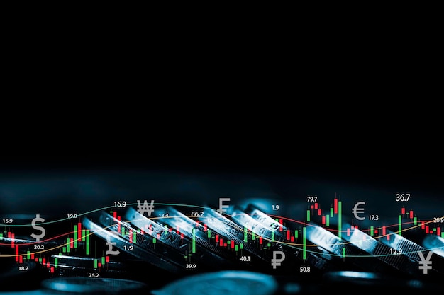 Empilhamento de moedas com gráfico do mercado de ações para investimento empresarial em câmbio de moeda de análise do mercado de ações e conceito de planejamento financeiro