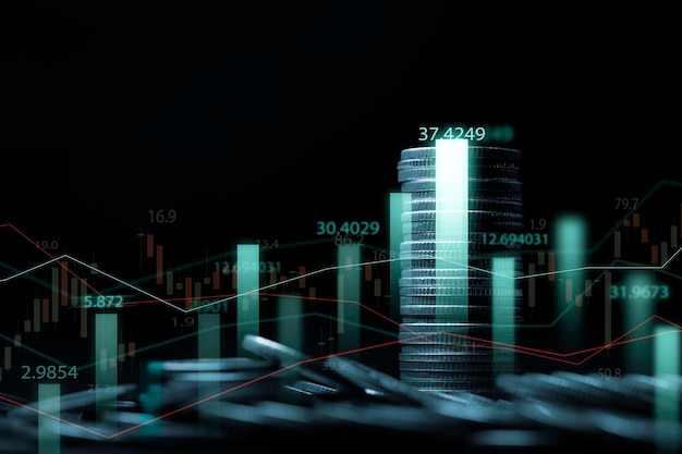 Empilhamento de moedas e mercado de ações brilhante ou gráfico de gráfico forex para análise de comerciante e investidor do conceito financeiro de economia