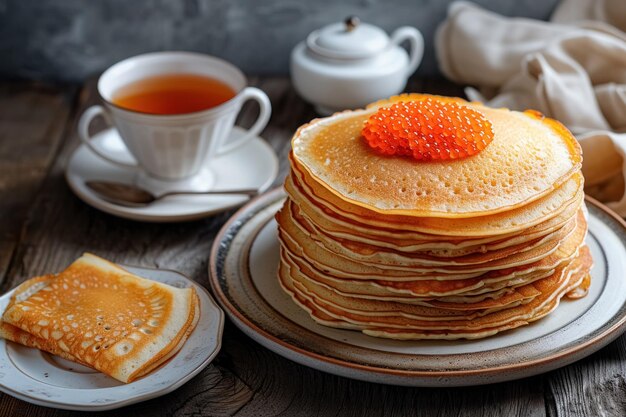Foto empilhe panquecas finas caseiras decoradas com caviar vermelho em prato branco e xícara de chá em fundo de madeira