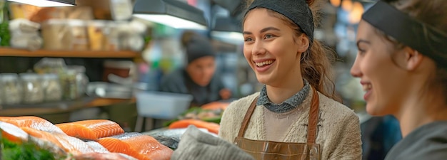 Empleada de buenos modales en un mercado de pescado en delantal sirviendo a una mujer cliente de salmón crudo fresco