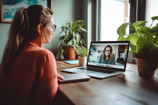 Foto empleada embarazada que utiliza una videollamada para hablar con el gerente sobre la planificación y la estrategia del proyecto