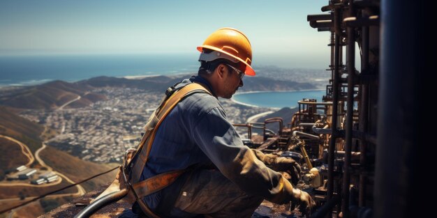 Una empleada equipada con ropa de seguridad realiza trabajos de restauración en un oleoducto oceánico