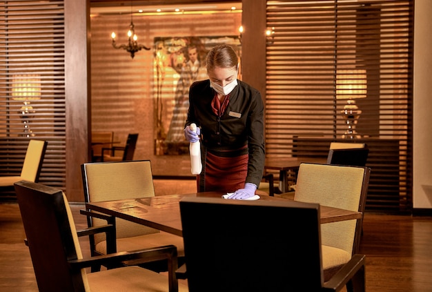 Empleada de restaurante enfocada a poner en orden una mesa