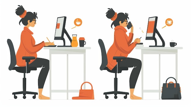 Una empleada se sienta en su escritorio con una computadora en una oficina con algunas expresiones diferentes sonriendo pensativa usando el teléfono comiendo comida y sosteniendo un portapapeles