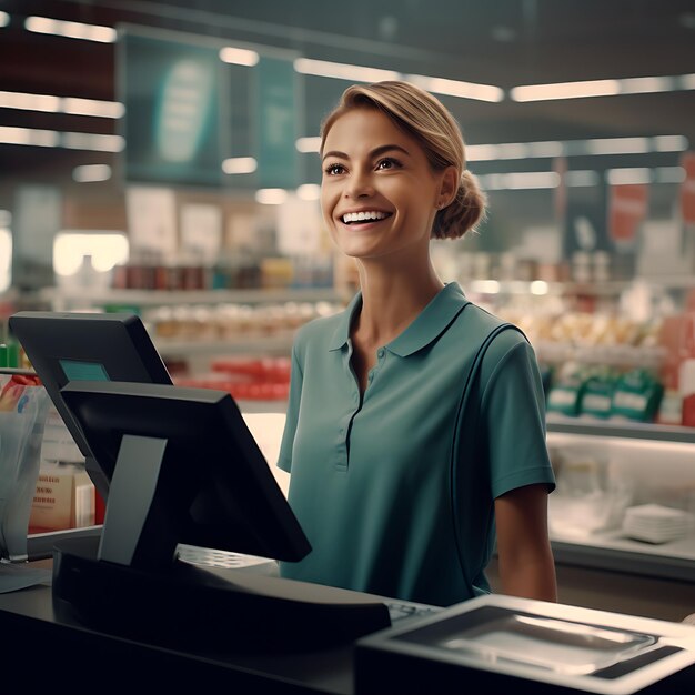 Una empleada de un supermercado está en la caja y atiende a sus clientes de forma fotorrealista.