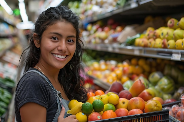 Una empleada de una tienda de comestibles una mujer de raza mixta está radiando a la cámara mientras lleva IA generativa