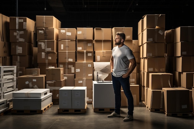 Empleado del almacén mirando cajas de cartón blancas