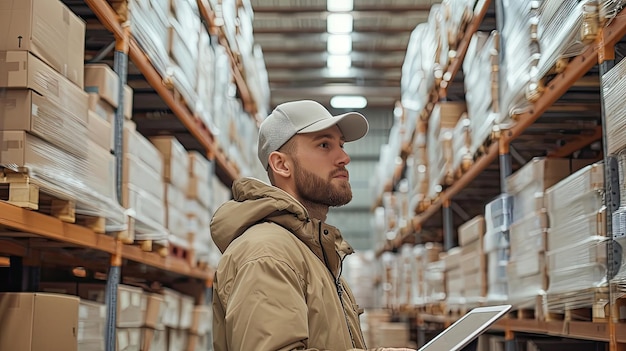 Empleado del almacén con una tableta revisando el inventario