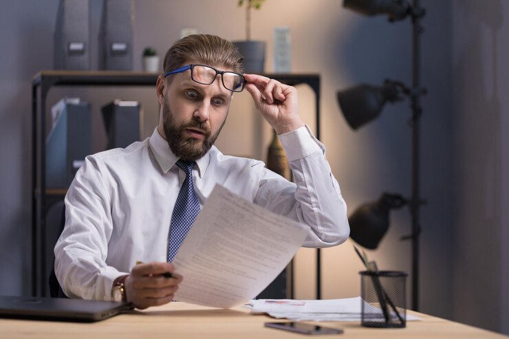 El empleado barbudo está extremadamente sorprendido por los datos del documento