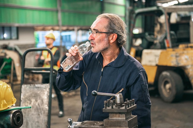 Foto un empleado está bebiendo agua después de un trabajo agotador en una planta industrial pesada