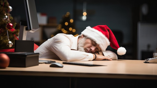 Empleado cansado tomando una siesta en el escritorio con gorro de Papá Noel generado por IA