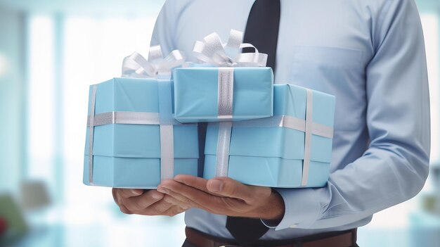 Foto empleado cargando un montón de regalos de navidad envueltos para sus compañeros de trabajo generados por ia