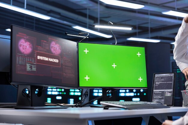 Empleado del centro de datos ve una alerta de violación de seguridad en el monitor de chroma key