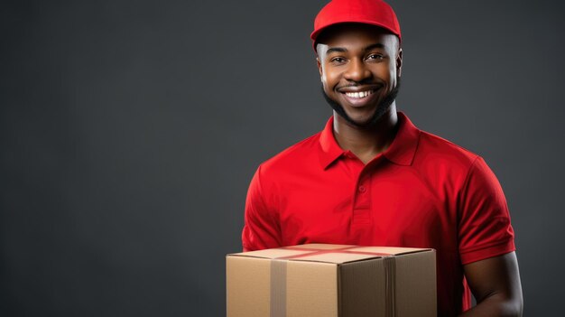 Empleado de entrega vestido de rojo sosteniendo una caja de cartón con un paquete sobre un fondo oscuro