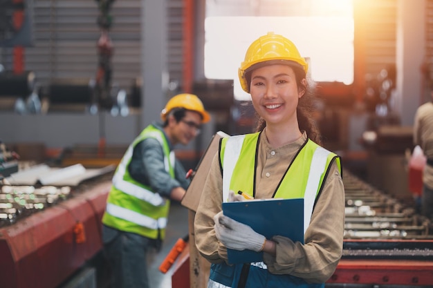 Empleado del equipo asiático que trabaja en la fábrica El grupo de ingenieros de Asia controla la fabricación en la fábrica industrial