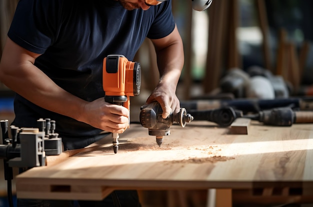 un empleado está perforando piezas de madera con un taladro generativo ai