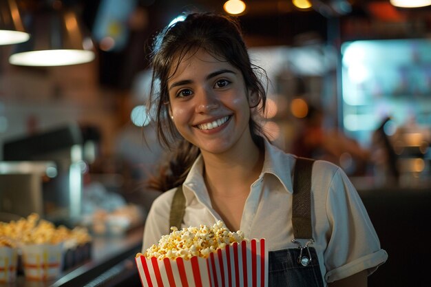 Empleado feliz sirviendo palomitas de maíz en el cine con IA generada