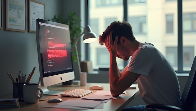 Un empleado frustrado lucha contra un error informático