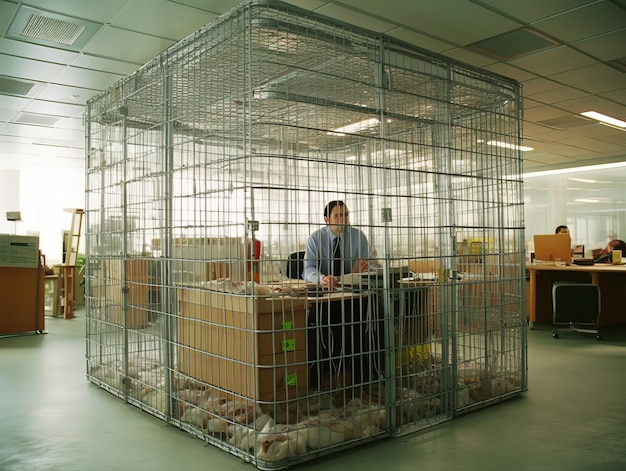 Empleado hombre que trabaja con una computadora portátil en una jaula gigante generada por ai