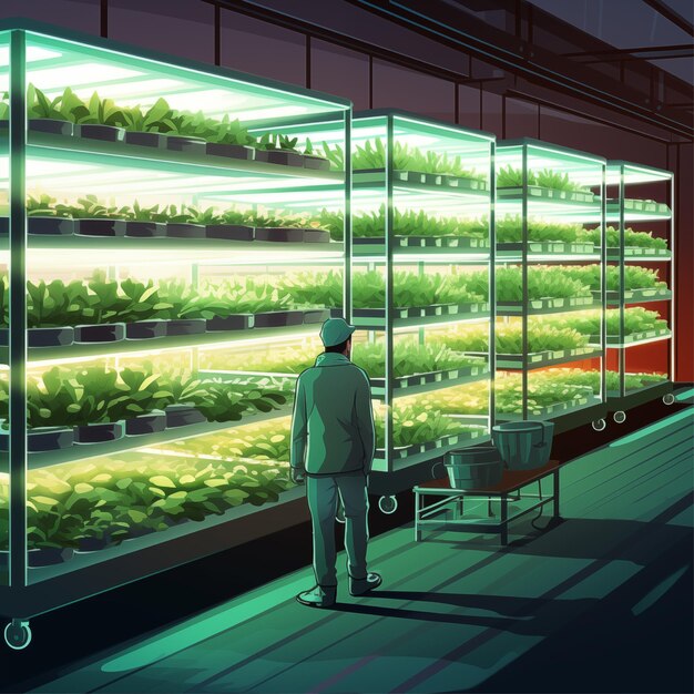 El empleado mantiene el invernadero con plantas en los estantes de la plantación de microgreen Cartoon Generative AI