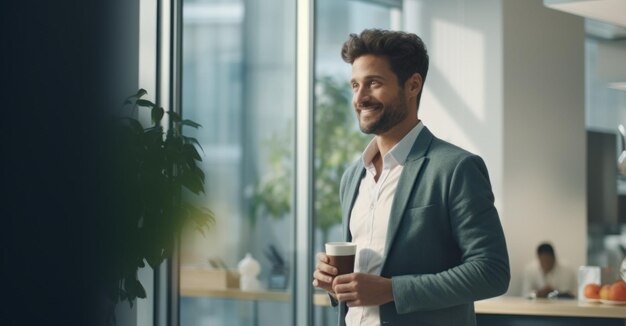 Un empleado de oficina disfrutando de una tranquila pausa para tomar un café mirando la ciudad de abajo bajo la luz natural