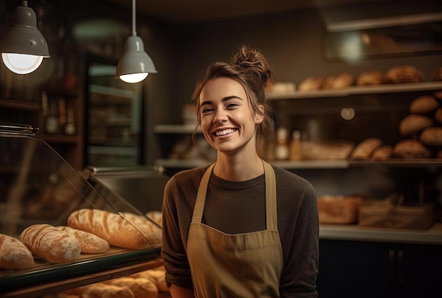 un empleado de panadería sonriente de pie detrás del mostrador en el estilo de la iluminación obscura