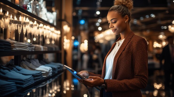 un empleado de una tienda de ropa de diseño moderno e industrial ordenando mercancía