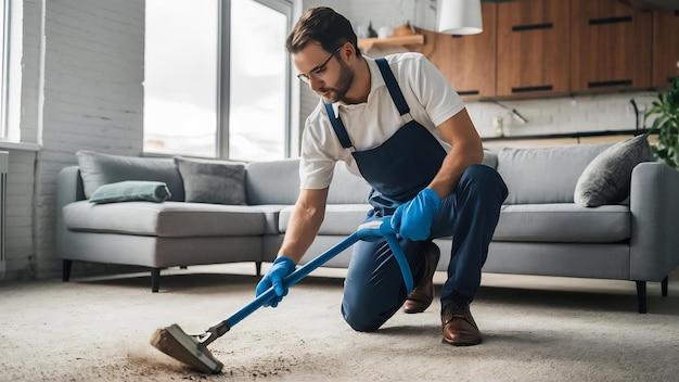 Foto empleado de la tintorería quitando la suciedad de la alfombra en un apartamento