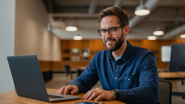 Empleado de tiro medio trabajando en una computadora portátil
