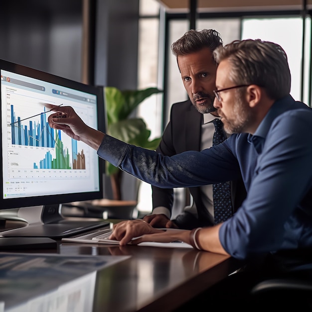 Empleador y empleado discutiendo frente a la computadora con contenido gráfico