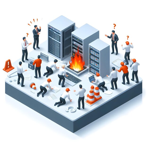 Empleados de 3D Flat Icon reaccionan a la interrupción repentina de la red Capturando imágenes de alta resolución en pánico