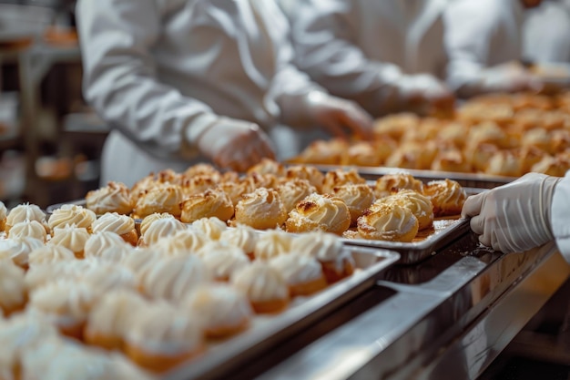 Empleados con abrigos blancos empaquetando pasteles recién horneados