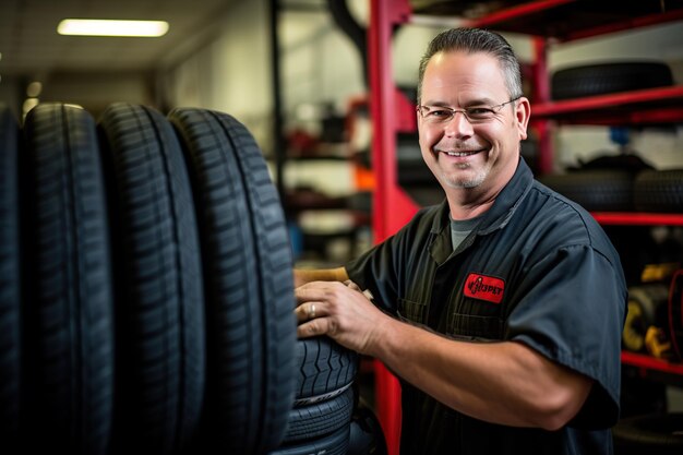 Foto empleados cualificados del taller de reparación de automóviles ayudan a los clientes a seleccionar e instalar neumáticos de automóviles