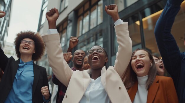 Empleados de diversos equipos de negocios emocionados celebrando buenas noticias con los puños en el aire