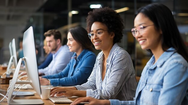 Los empleados están sonriendo y trabajando en computadoras