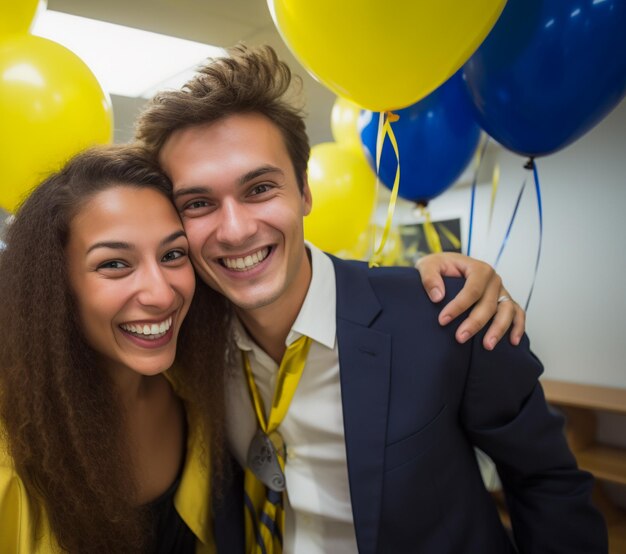 Foto empleados felices se reúnen para celebrar las fiestas en el lugar de trabajo