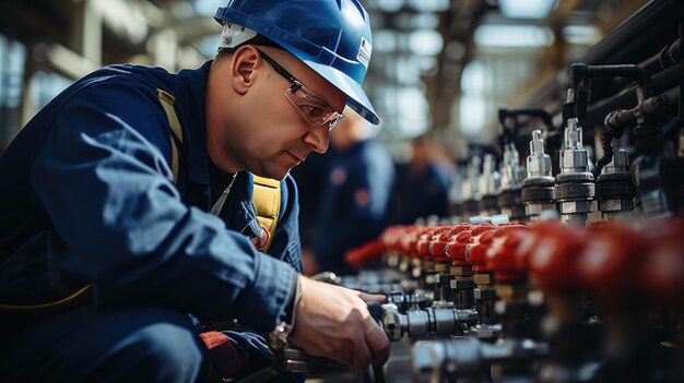 Empleados de instalaciones de la industria química en equipos de protección que examinan equipos y tuberías