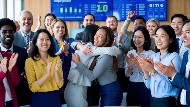 Empleados multiétnicos felices aplaudiendo en la reunión mientras se felicitan entre sí