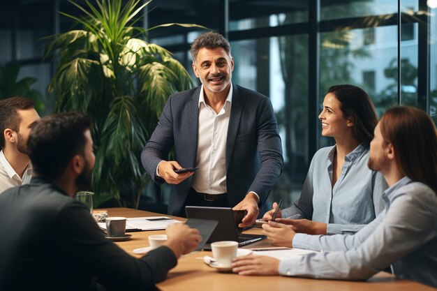 empleados multirraciales clientes corporativos reuniéndose en la oficina de la habitación