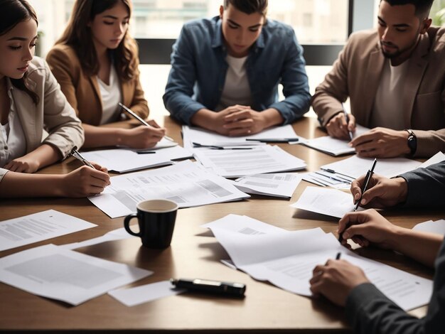 Empleados que revisan el informe financiero